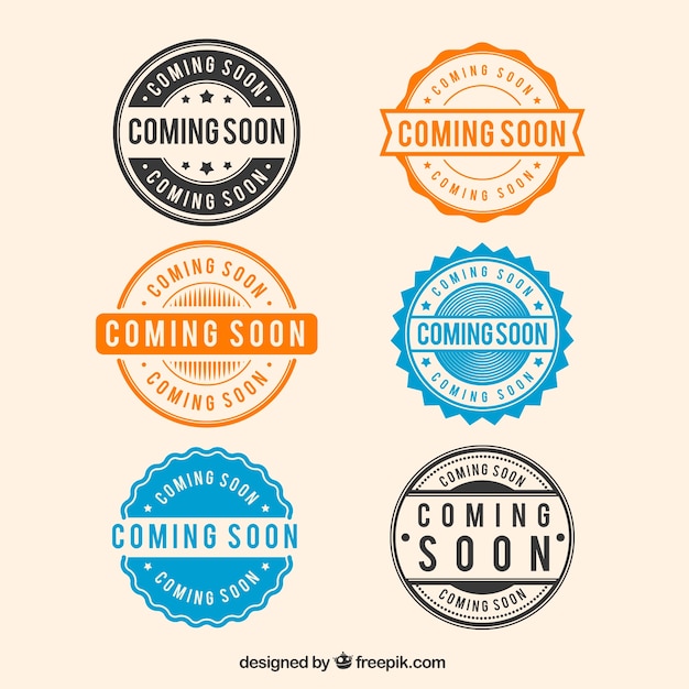 Six Round Coming Soon Stamp Collection Free Vector
