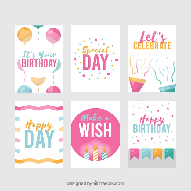 Free Vector Six White Birthday Cards In Flat Design