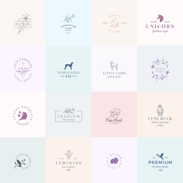 Sixteen abstract feminine  signs or logo templates set. retro floral illustration with classy typogr