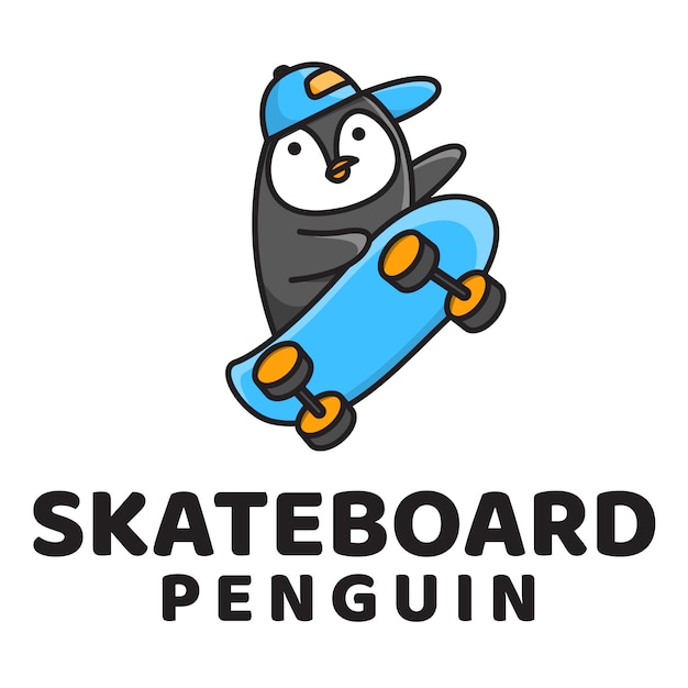 スケートボードペンギンかわいいロゴテンプレート プレミアムベクター
