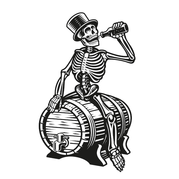 Premium Vector Skeleton Drinking A Bottle Of Beer Sitting On A Barrel 9273