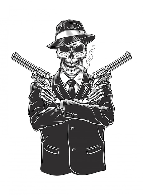 Free Vector | Skeleton gangster with revolvers