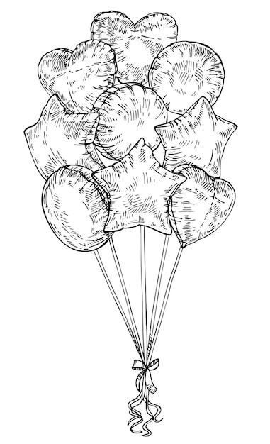 白 手描きのインク聖バレンタインデーカードに分離された風船をスケッチします ハート 星型の風船 プレミアムベクター