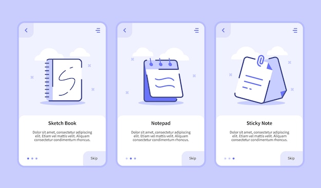 モバイルアプリ用のスケッチブックメモ帳付箋オンボーディング画面 プレミアムベクター