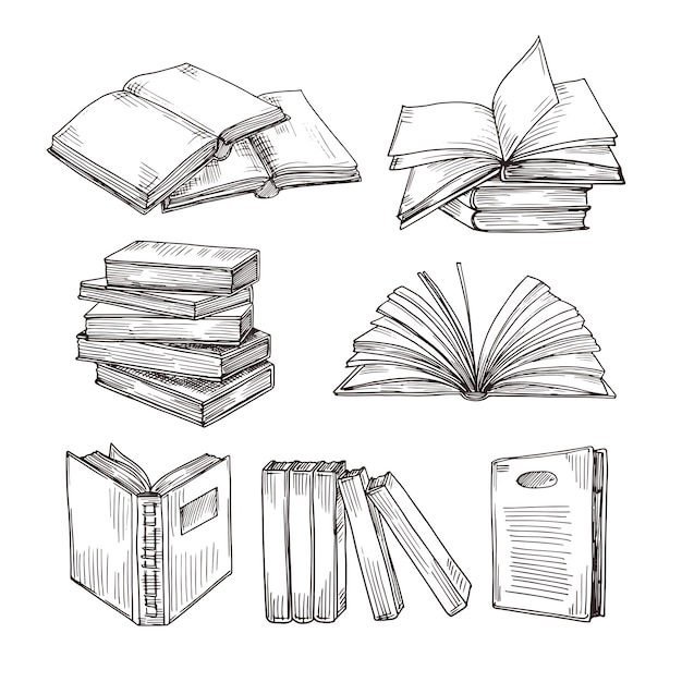 Sketch books. ink drawing vintage open book and books pile. school education and library doodle vect