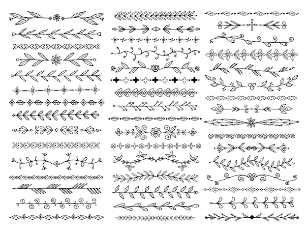 境界線をスケッチします 装飾用のクリスマス落書き仕切り 花と葉のあるラフで素朴なラインフレーム ウェディングカードの下線ベクトルセット イラストラフ落書きスケッチ 落書き曲線 プレミアムベクター