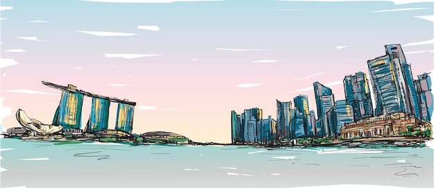 Premium Vector Sketch City Scape Of Singapore Skyline With Marina Bay And Building Landscape Free Hand Draw Illustration