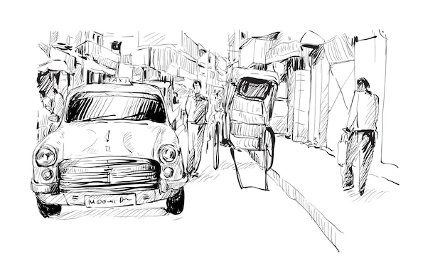 Premium Vector | Sketch of cityscape in india show local taxi and ...