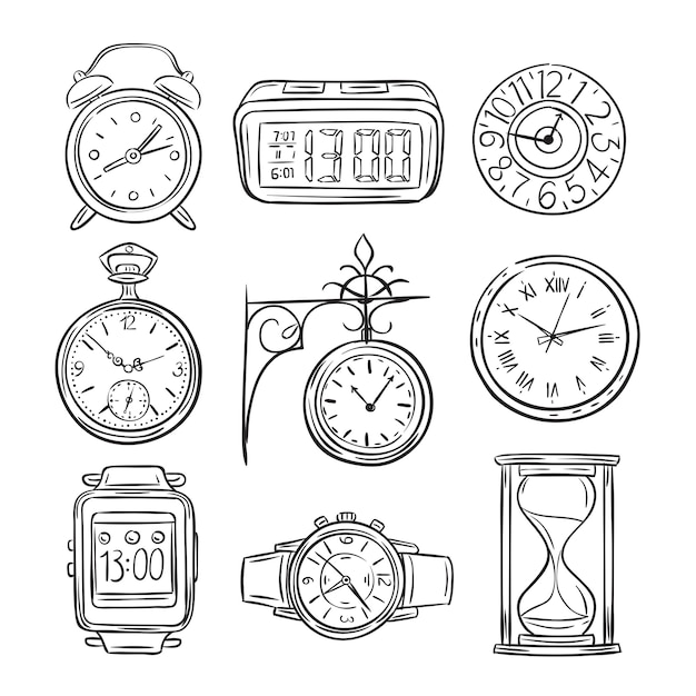 Sketch clock. doodle watch, alarm and timer, sand clock hourglass. hand ...