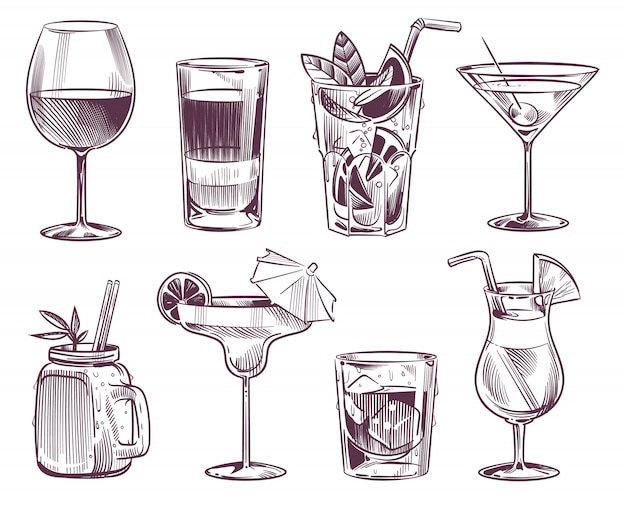Premium Vector Sketch cocktails. hand drawn cocktail and alcohol
