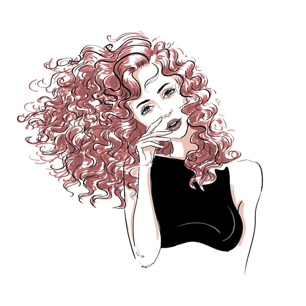 Sketch of a curly windy tender woman Premium Vector