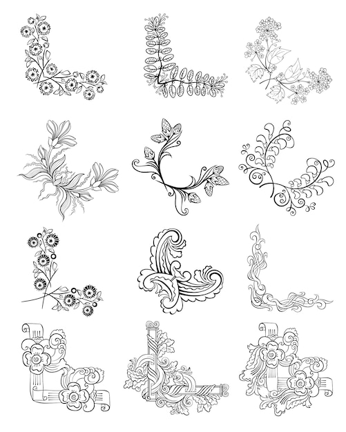 Download Free Vector | Sketch decorative floral corner borders ...