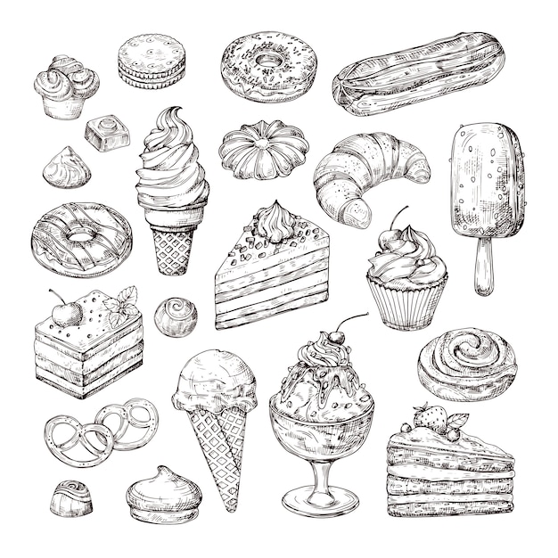 Premium Vector Sketch dessert. cake, pastry and ice cream, apple