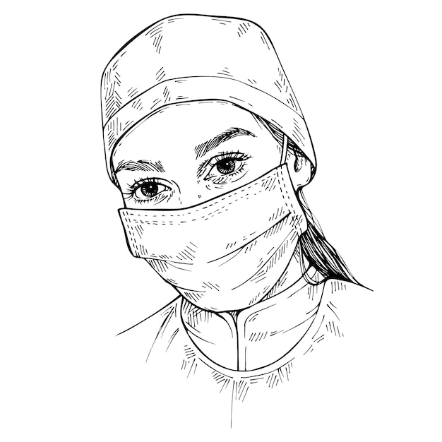 Premium Vector Sketch doctor wearing medical face mask and cap. hand
