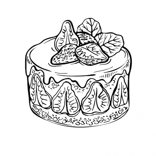 スケッチフルーツケーキ ベリー 手描きインクイチゴケーキ ベーキングのイラスト カフェ落書きメニュー プレミアムベクター