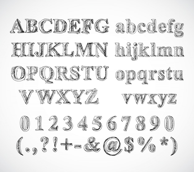 Sketch hand drawn alphabet black and white font letters numbers and ...