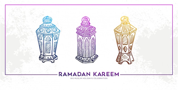 Sketch of hand drawn banner ramadan kareem lantern Premium Vector
