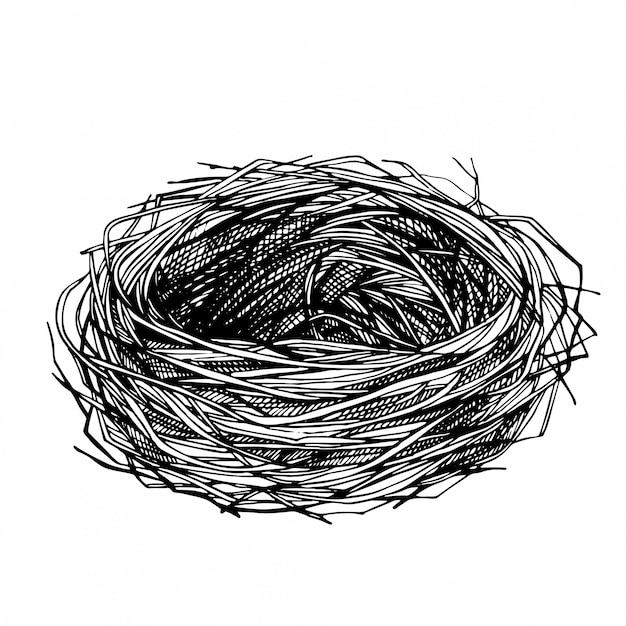 手描きの鳥の巣をスケッチします 枝と草で作られた空の巣 プレミアムベクター