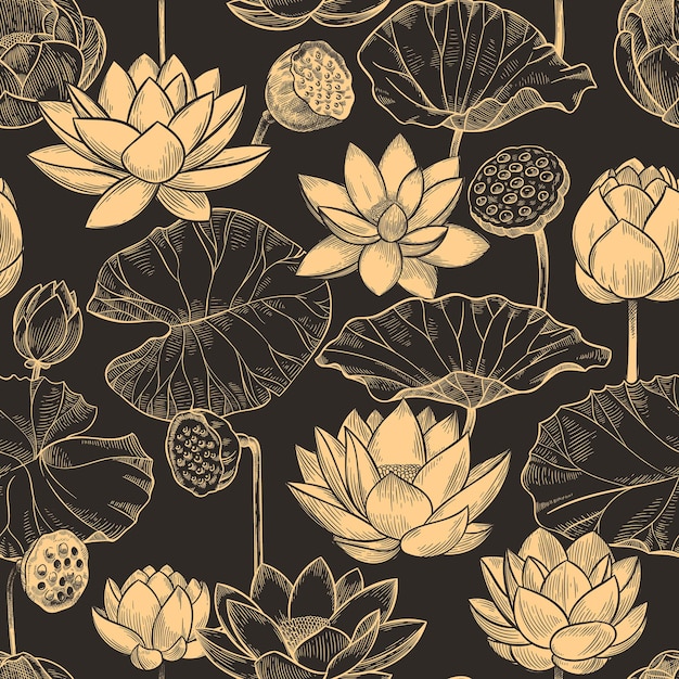 蓮のシームレスなパターンをスケッチします 花の組成睡蓮の花と葉 製品のモノクロ蓮 壁紙ベクトルテクスチャ イラスト蓮の花 花植物の繰り返し プレミアムベクター