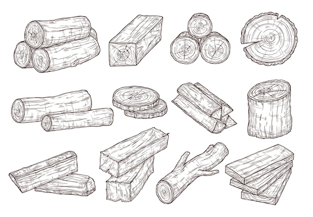 木材をスケッチします 木の丸太 トランク 板 林業建材手描き分離セット イラスト木材 幹木カット プレミアムベクター