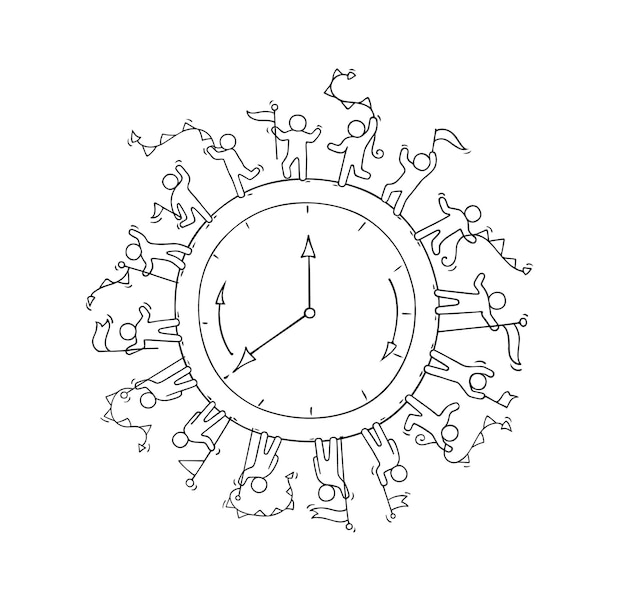 働く小さな人々との大時計のスケッチ 時間についてのかわいいミニチュアシーンを落書き ビジネスと教育のための手描きの漫画イラスト プレミアムベクター