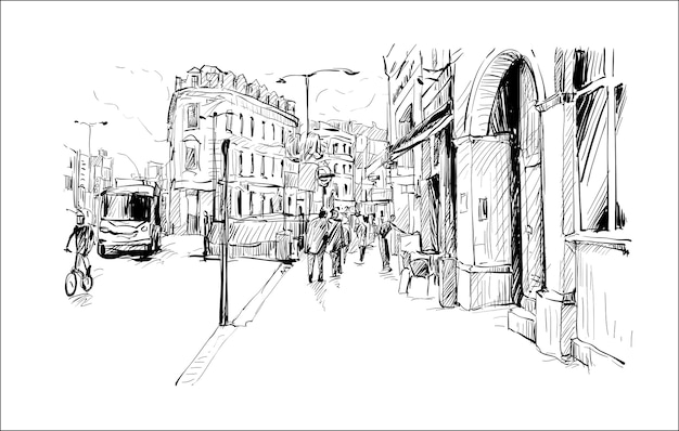 ロンドンの街並みのスケッチは 散歩道と古い建築 イラストを示しています プレミアムベクター
