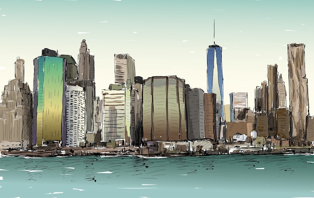 ニューヨークの街並みのスケッチは 高層ビル イラストとマンハッタンのミッドタウンを示しています プレミアムベクター