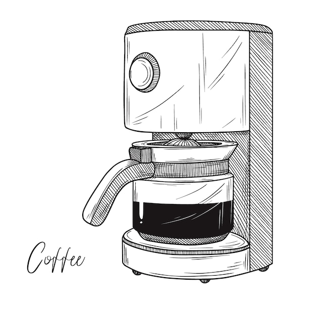 白い背景の上のコーヒーメーカーのスケッチ スケッチスタイルのイラスト プレミアムベクター