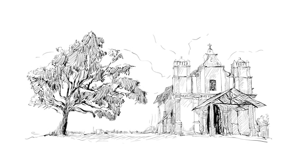 風景のスケッチは インド教会カトリックの古い建物と大きな木 イラストを示しています プレミアムベクター