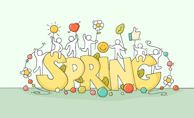 春という大きな言葉を持った小さな人々のスケッチ 生命のシンボルで自然についてのかわいいミニチュアシーンを落書き ソーシャルメディアと季節のデザインの手描き漫画ベクトルイラスト プレミアムベクター