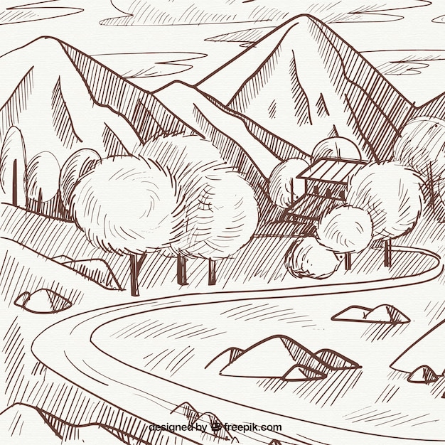 Sketch of spring landscape with mountains and\
trees