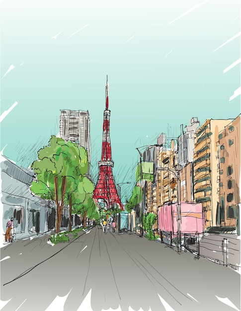東京タワーのスケッチ 街並みと遊歩道 フリーハンドの描き下ろしイラスト プレミアムベクター