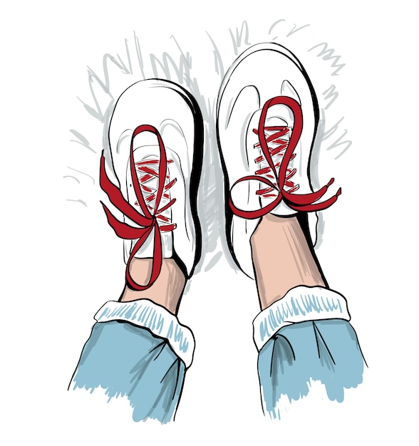 Sketch of sneakers with red shoelaces
