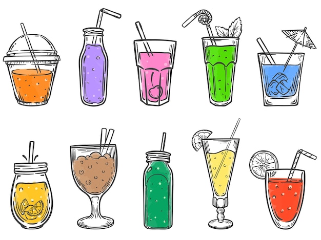 夏の飲み物をスケッチします ソフトドリンク 冷たいフルーツジュース カラフルなコクタリスの手描きイラストセットのグラス プレミアムベクター