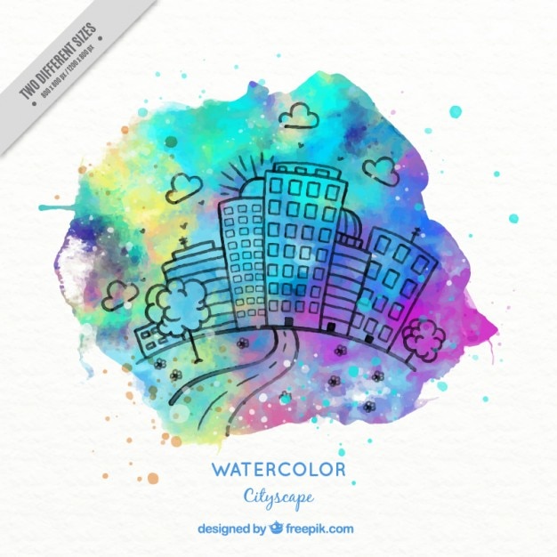 Sketches city with colored watercolor splash background
