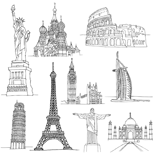 sketches-of-famous-places-famous-buildings-in-world-vector-premium