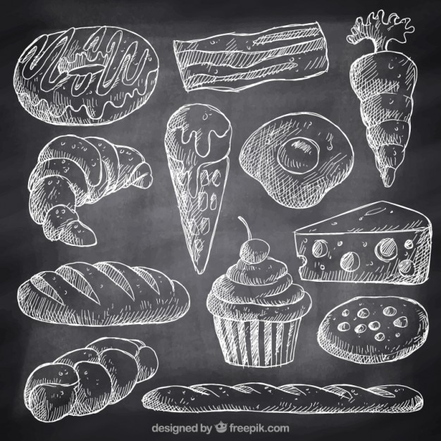 Sketches fast food and desserts with\
chalk