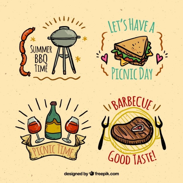 Sketches food of bbq and picnic labels