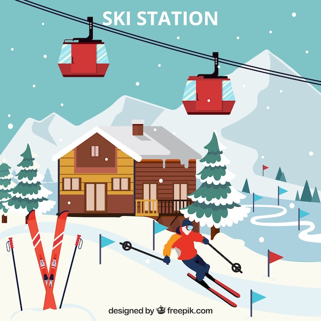 Free Vector | Ski resort design with wooden house