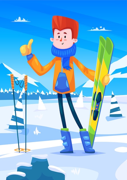 スキーリゾートの休日 手にスキーを持ったかわいいスキーヤーのキャラクター 木々と雪の背景 フラットベクトルストックイラスト プレミアムベクター