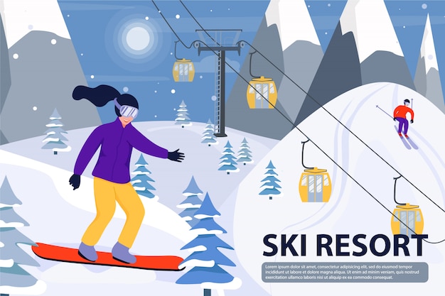 プレミアムベクター スキー場のリフト スノーボーダー スキーヤーとスキーリゾートのイラスト テキストテンプレート