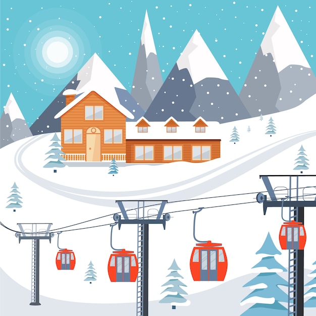 Premium Vector | Ski resort illustration with wooden house and ski lift.