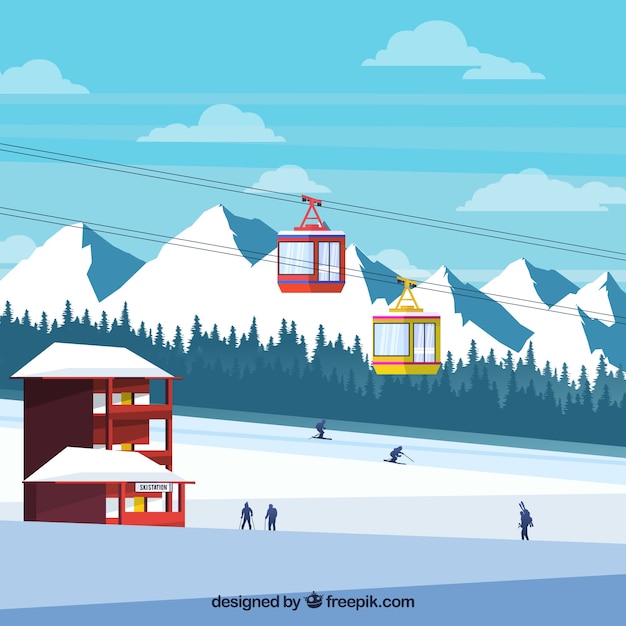 Ski station design with mountains in\
background
