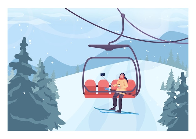 Premium Vector | Skier Lifting Up To A Slope By Ski Lift. Character ...