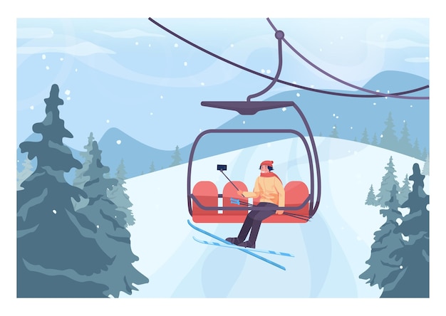 Premium Vector | Skier lifting up to a slope by ski lift character ...