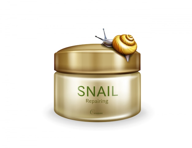 Skin repairing cream realistic vector isolated on white background. live snail creeping on plastic j Free Vector