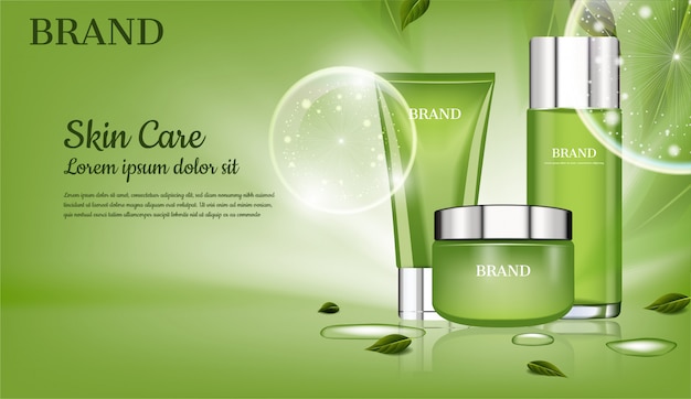 Skincare set with green leaves, and big bubbles vector cosmetic ad ...