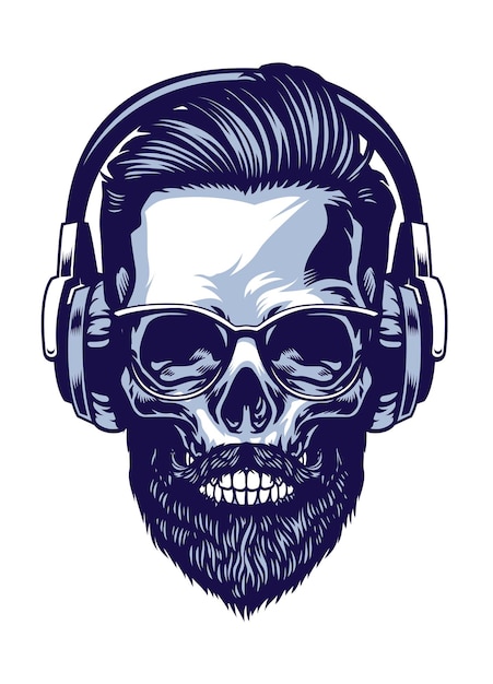 Premium Vector | Skull of bearded hipster wearing headphone