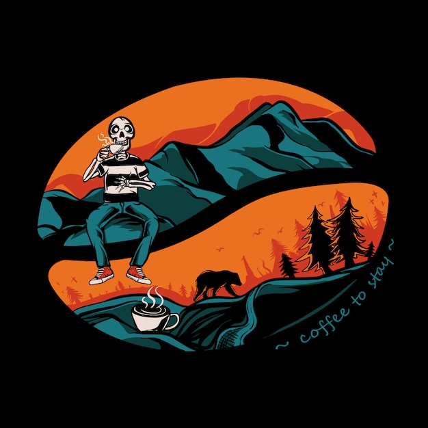 Download Premium Vector | Skull drinking coffee on the mountain ...
