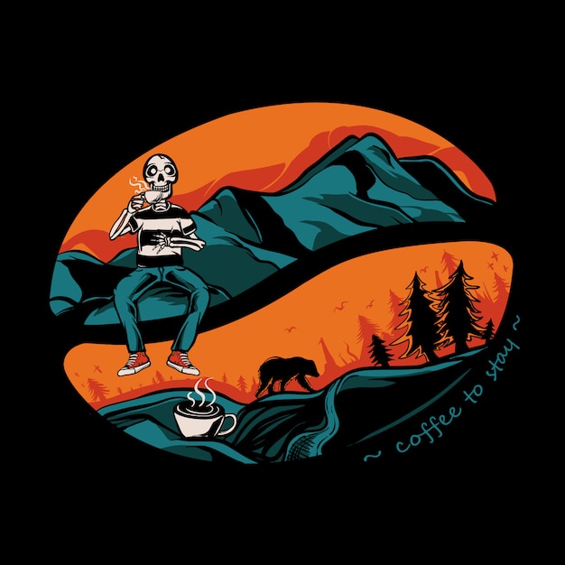 Download Premium Vector | Skull drinking coffee on the mountain illustration